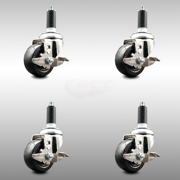3 Inch 316SS Hard Rubber Swivel 1 Inch Expanding Stem Caster Set Brake SCC
